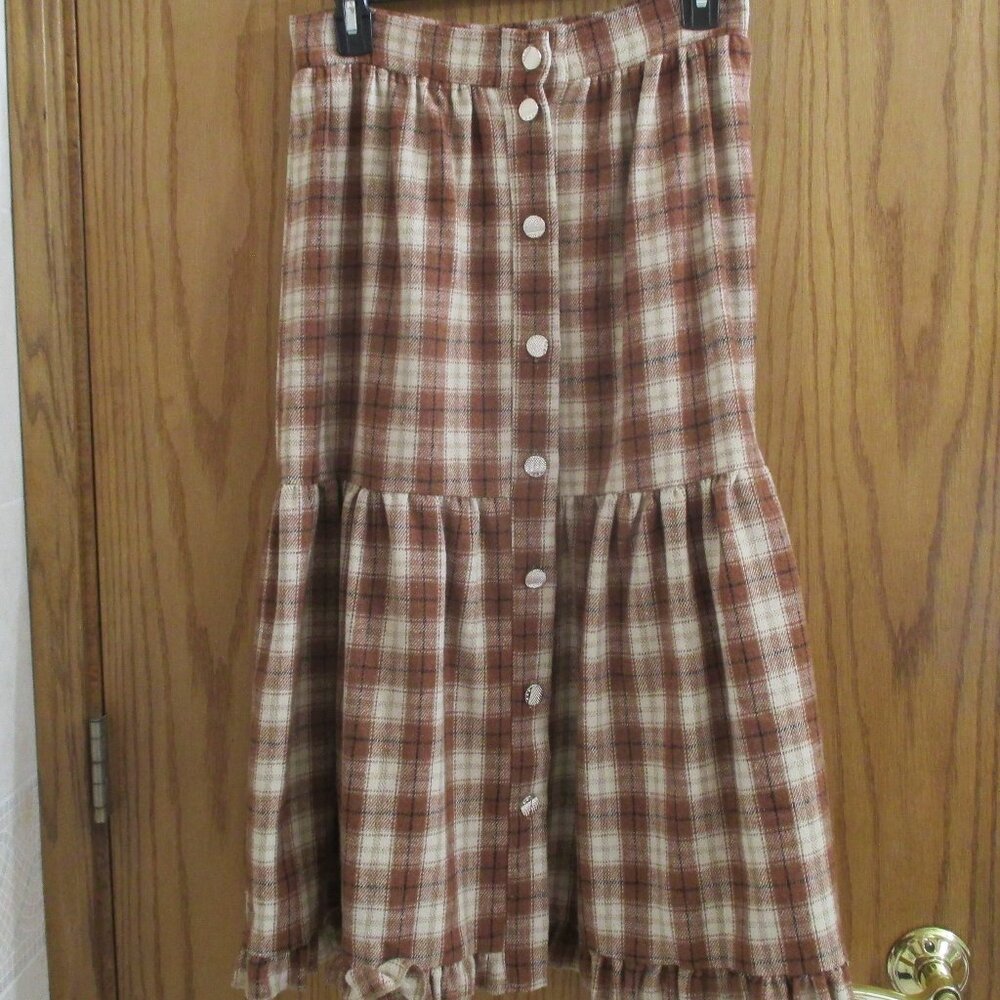 Cider Ruffle Hem Plaid Pattern Midi Skirt